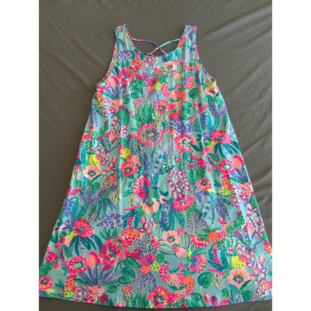 Lilly Pulitzer Etta Dress Womens L Blue Pink Floral Cactus Strappy Back V-Neck